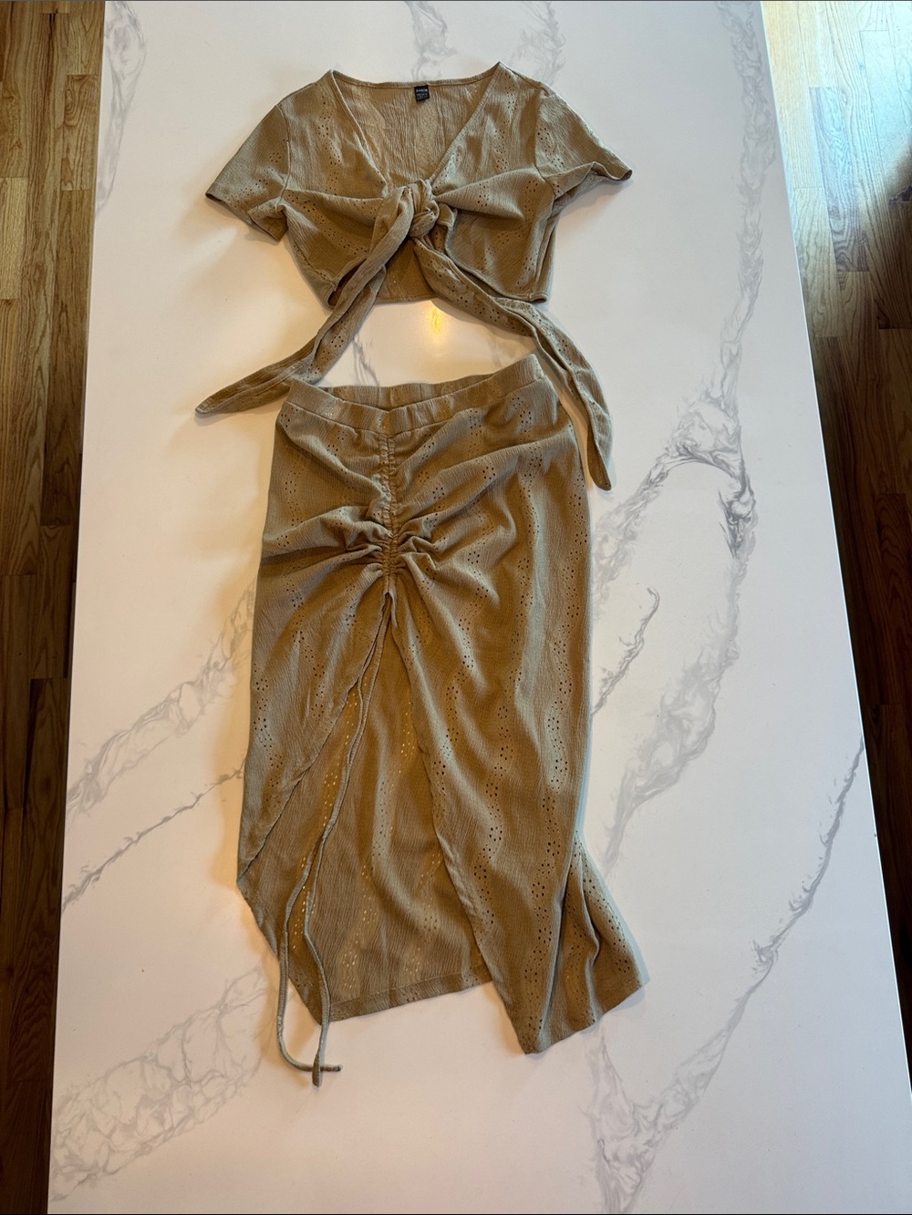 Tie-Front Eyelet Skirt Set in Taupe